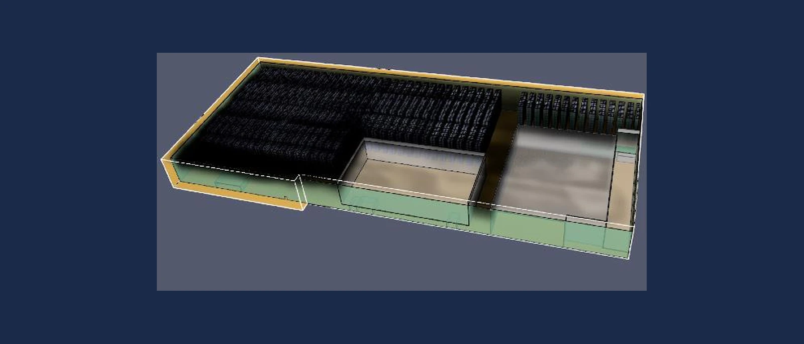 CFD smoke-development render of a high-bay warehouse, smoke layer banked beneath the roof